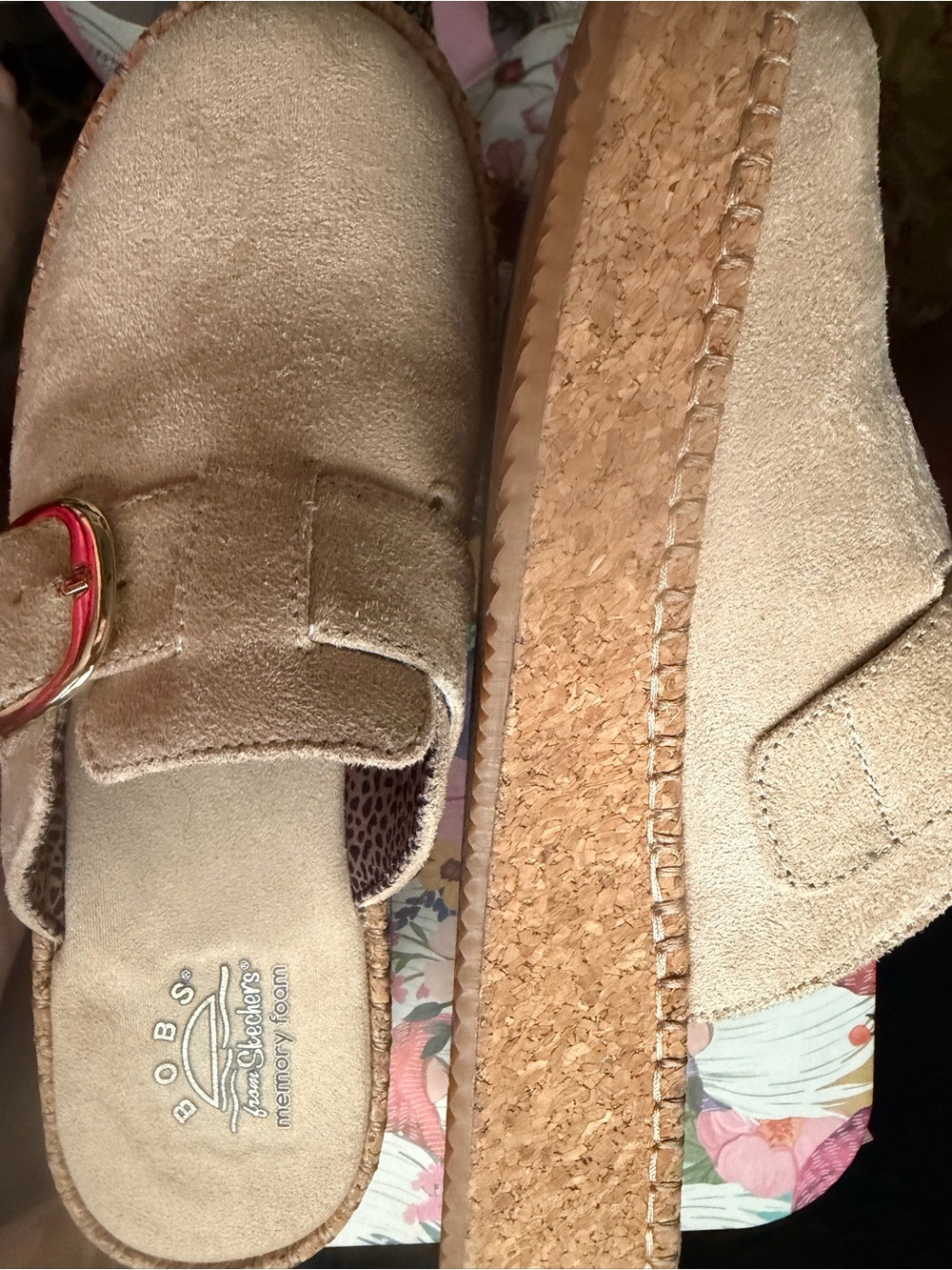 BOBS from Skechers Tan Suede Cork-Platform Slip-On Mule with Gold Buckle